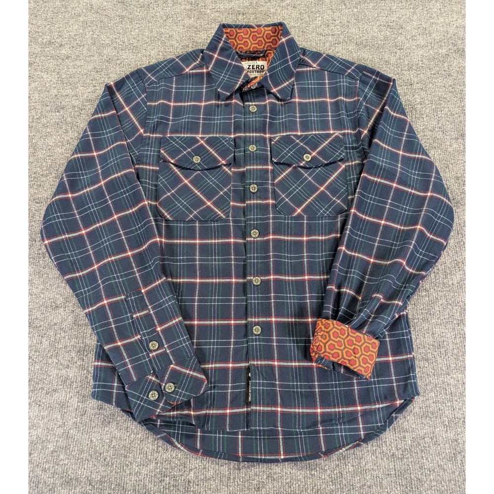 Zero Foxtrot Mens Small Navy Plaid Flannel Shirt Overlook Lining Stay Zero Skull